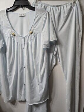 Vanity Fair Light Blue Two-Piece Pajama Set with Floral Trim